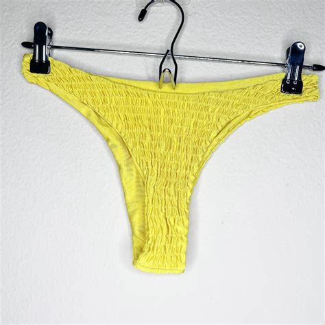 LF Women S Yellow High Waisted Ruched Cheeky Bikini Depop