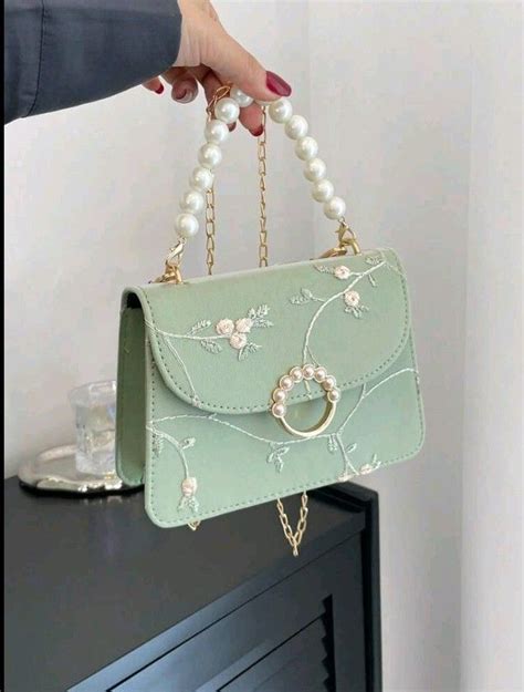 Mini Square Bag Flower Embroidery Faux Pearl Decor Fashionable Gr Ne