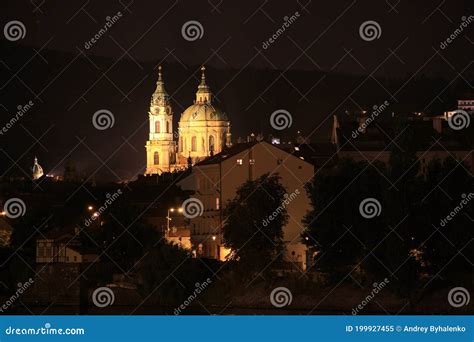 Night In Prague And Domes Of Two Churches In The Light Stock Image