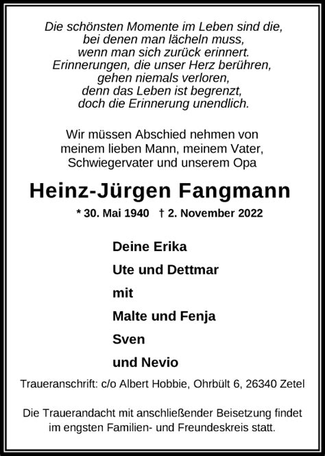 Traueranzeigen Von Heinz J Rgen Fangmann Nordwest Trauer De