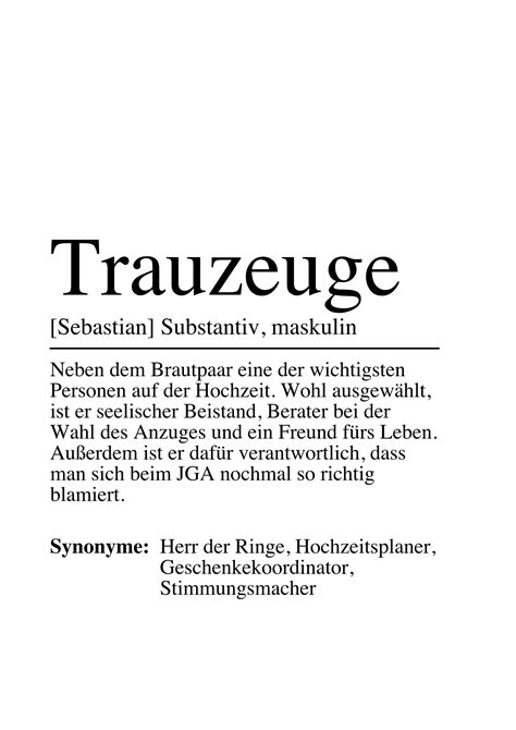 TRAUZEUGE Definition Poster Bild Geschenk zur Verkündung der Hochzeit