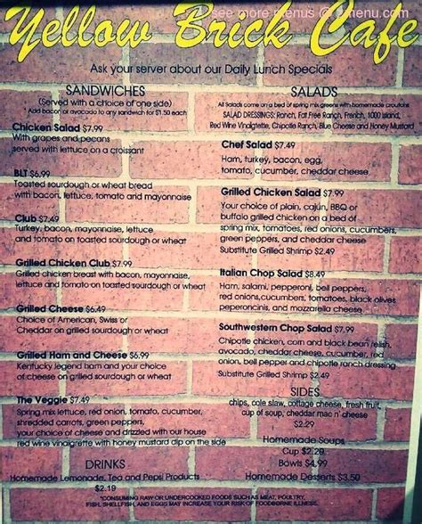 Online Menu of Yellow Brick Cafe Restaurant, Scottsburg, Indiana, 47170 - Zmenu