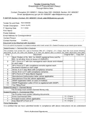 Fillable Online It Pms Pdf Tender Covering Form Directorate Of