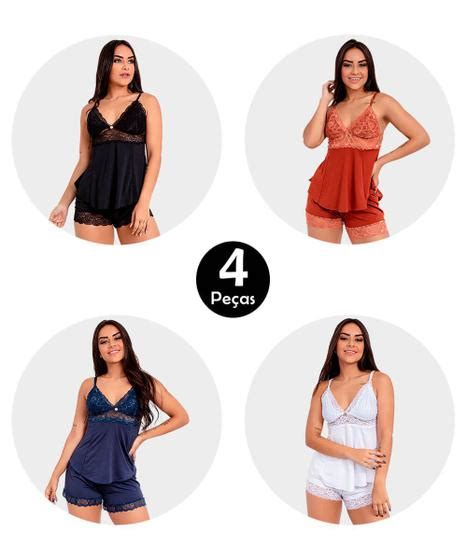 Kit 4 Pijama Short Doll Baby Doll IMI Lingerie Microfibra E Renda Hope