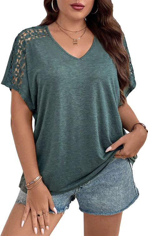 Oyoangle Women S Plus Size Lace Hollow Out Short Sleeve V Neck Casual