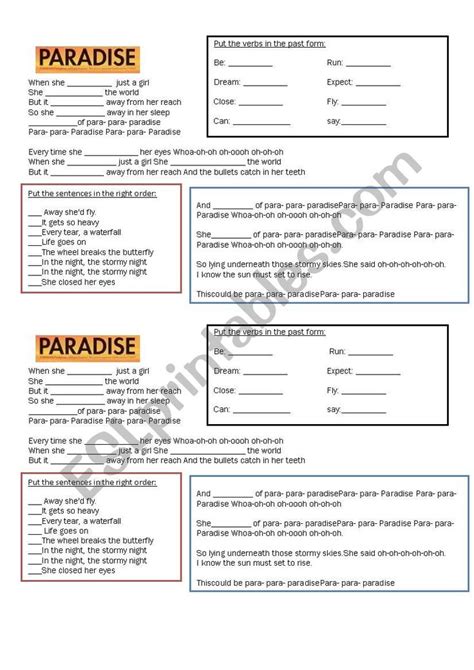 Song Paradise By Coldplay Worksheet Coldplay Songs Vocabulary Skills