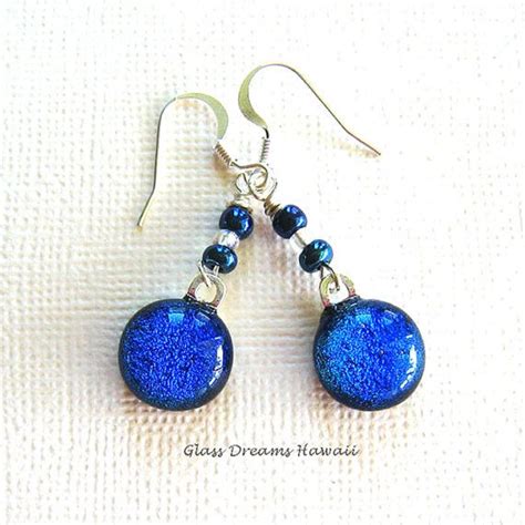 Dichroic Glass Dangle Earrings Handmade SRA Shaded Ocean Blues