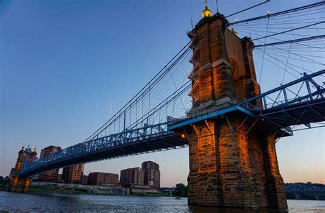 Beautiful View Of The John A Roebling Suspension Bridge At Sunset In