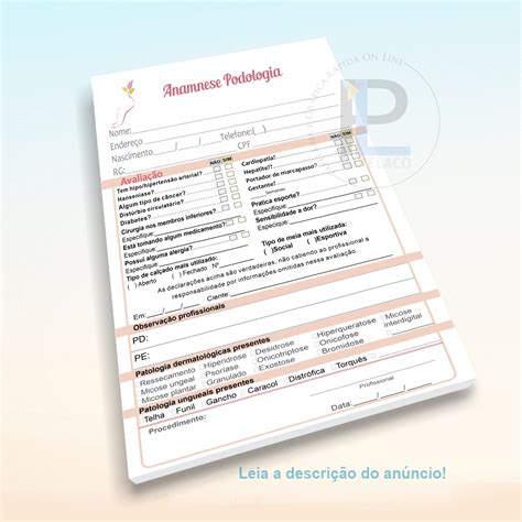 Bloco De Fichas De Anamnese Podologia 50 Fls 15x21cm Pronta Entrega