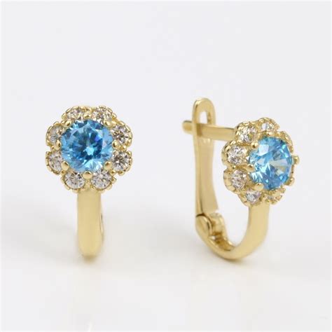 KLENOTA | Gold earrings with cubic zirconia for kids - blue | Cubic zirconia earrings ...