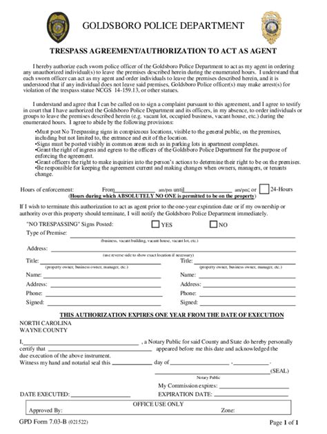 Fillable Online Police Goldsboronc Gpd Form 7 03 B Trespass Agreement