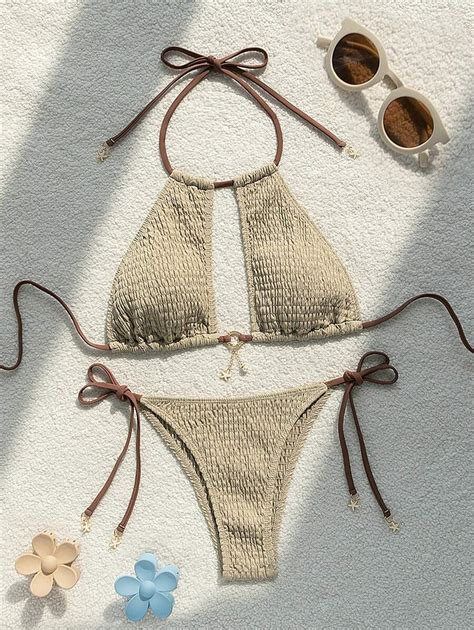SHEIN Swim Conjunto de bikini de traje de baño para mujer con sostén halter y Bottom de amarrar