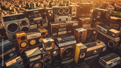 Vintage wall full of radio boombox of the 80s. Generative Ai Stock ...