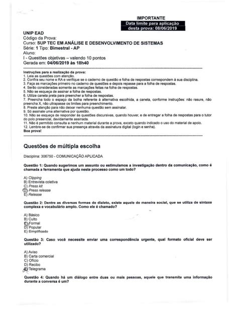 Prova de comunicação Aplicada UNIP EAD ADS gabarito