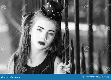 Little Mime Girl Shows Pantomime On The Street Stock Photo Image Of