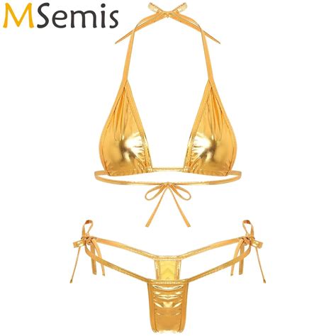 Womens Metallic Shiny Lacing Brazilian Micro Bikini Swimsuit Non Padded Triangle Cup Bra Top