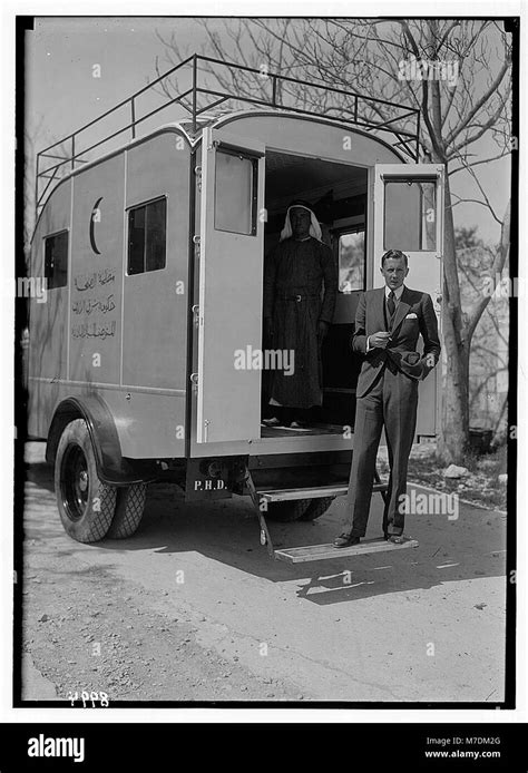 Mobile medical unit for Bedouin tribes in Transjordan. The dispensary van. Rear view (close ...