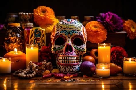 Premium Ai Image Day Of The Dead Altar With Sugar Skulls And Candles