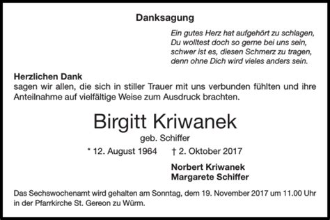 Traueranzeigen Von Birgitt Kriwanek Aachen Gedenkt