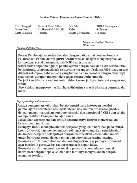 3 Lembar Catatan Percakapan Pasca Observasi Kelas Pdf