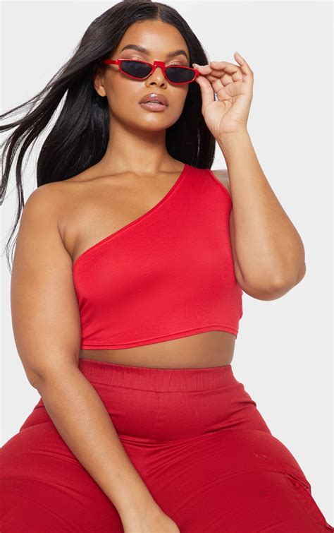 Plus Red Basic Jersey One Shoulder Crop Top Prettylittlething Aus