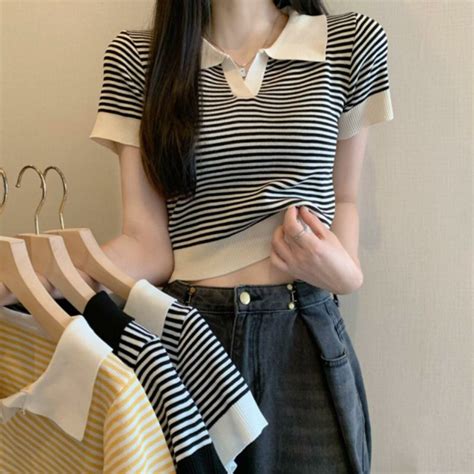 Jual Nico Korean Crop Top Knit Hitam Stripe Blouse Kerah Polo Garis