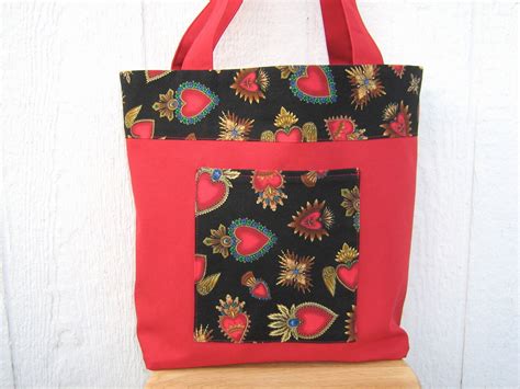 Day Of The Dead Red Canvas Shopping Bag Sacred Hearts Reusable Duck