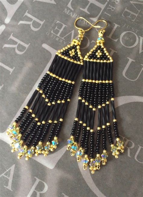 Seed Bead Fringe Earrings Long Black And Gold Beaded Crystal Earrings