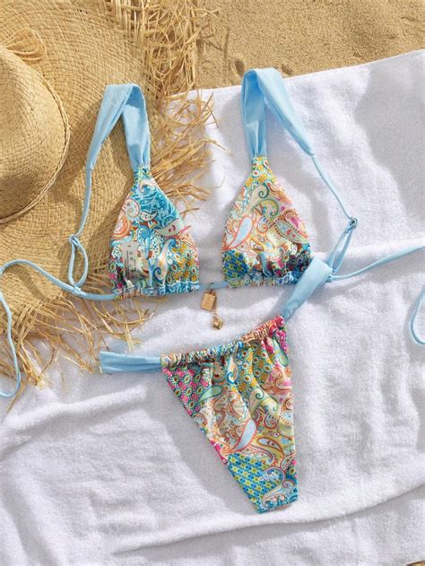 New Women S High Waisted Bikini Set Floral Print Spaghetti Strap Smocked Wireless Bathing