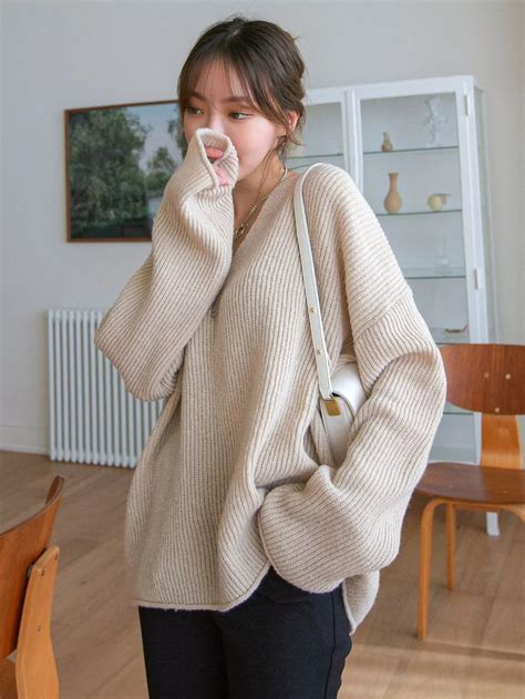 Dazy Drop Shoulder Ribbed Knit Sweater Knitting Women Sweater Casual