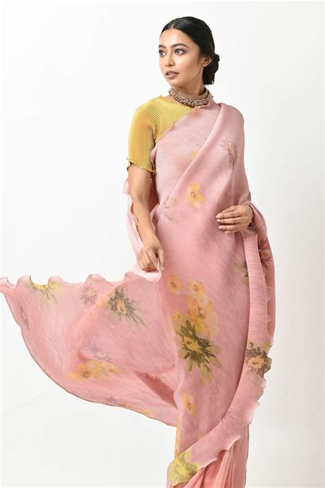 Buy Kiran Uttam Ghosh Peach Pleated Polyester Mix Floral Print Saree