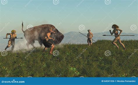 Group Of Neanderthal Hunting A Bison Stock Illustration - Image: 64241326