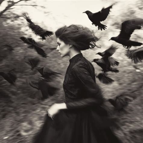 Elegant Brunette Woman Walking Through A Crowd Of Crows Premium Ai