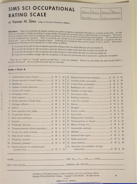 Psychological Test Score Sheet Sims Sci Occupational Rating Scale