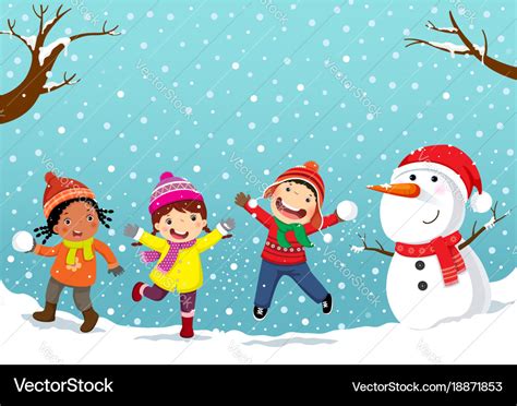 Winter Fun Happy Children Playing In The Snow Vector Image