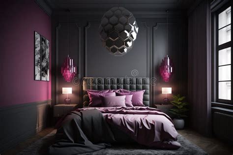 Bedroom in Dark Tone Gray and Viva Magenta Color Stock Illustration ...