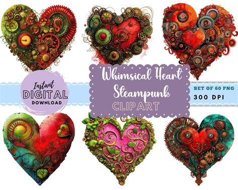 Whimsical Heart Clipart PNG Heart Clipart Bundle Steampunk Heart ...