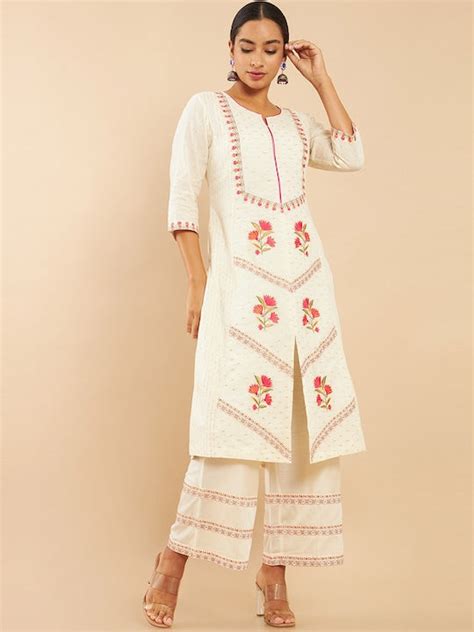 Soch Women White Floral Embroidered Layered Pure Cotton Kurta With Pal