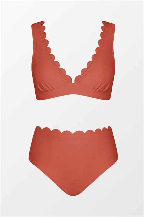 Marsala Scalloped Bralette Mid Rise Hipster Bikini Set