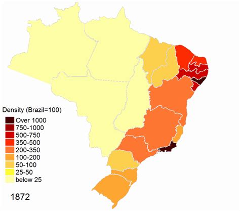 Relative demographic density of Brazilian States throughout the ...