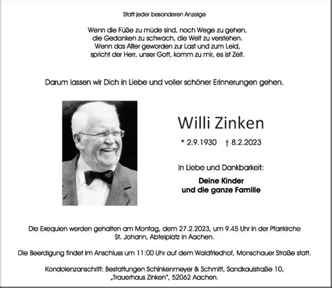 Traueranzeigen Von Willi Zinken Aachen Gedenkt