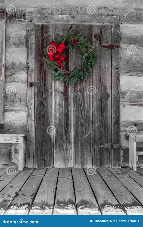 Christmas Wreath Hung on the Log Cabin Door Stock Photo - Image of home ...