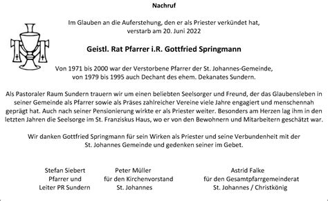 Traueranzeigen Von Gottfried Springmann Trauer In Nrw De