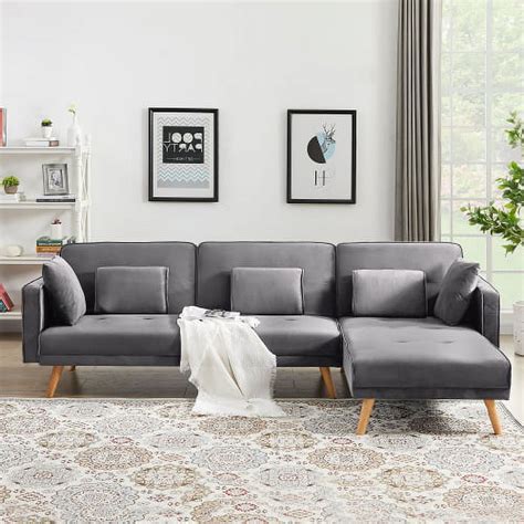 Convertible Velvet Futon Sofa Bed L Shaped Sectional Sofa Couch With