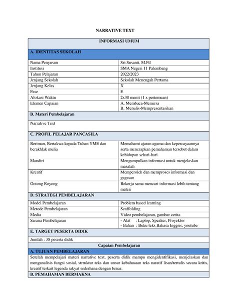 Modul Narrative Ada Materi NARRATIVE TEXT INFORMASI UMUM A IDENTITAS