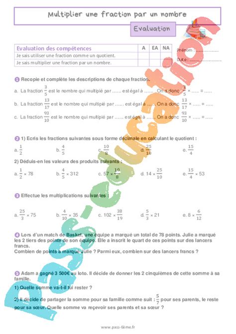 Multiplier une fraction par un nombre Évaluation pour la 6ème PDF à