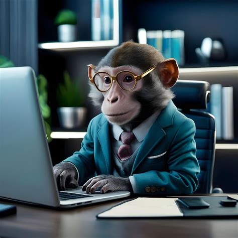 Premium Photo A Monkey Wearing A Suit And Tie Is Working On A Laptop