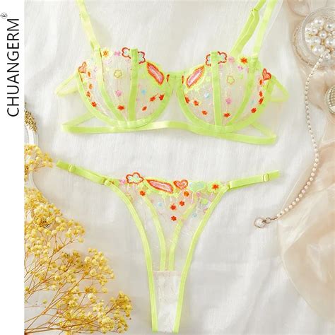 CHUANGERM Neon Lingerie Transparent Erotic Bra Set Fancy Women Sissy Tulle Underwear