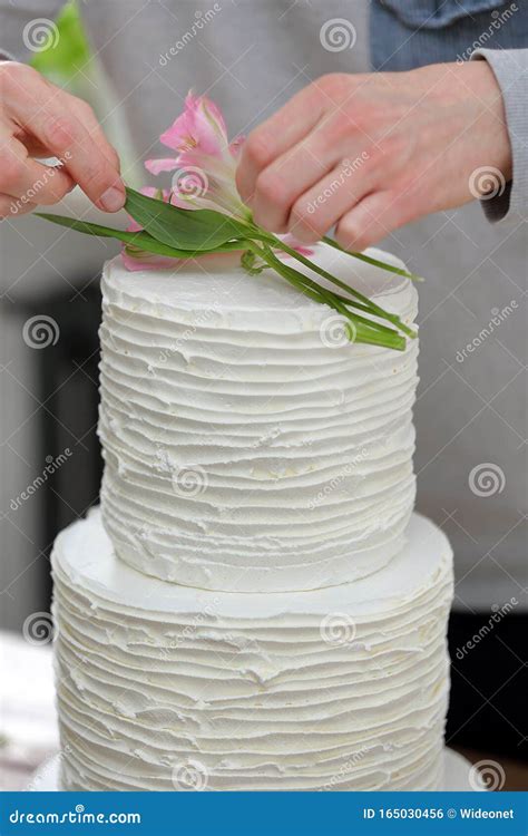 Confectioner Decorates White Wedding Naked Cake Stock Photo Image Of Party Naked