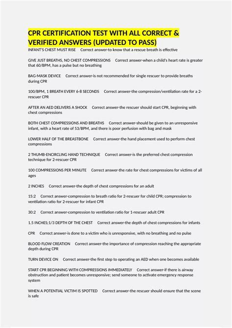 CPR CERTIFICATION TEST WITH ALL CORRECT & VERIFIED ANSWERS (UPDATED TO